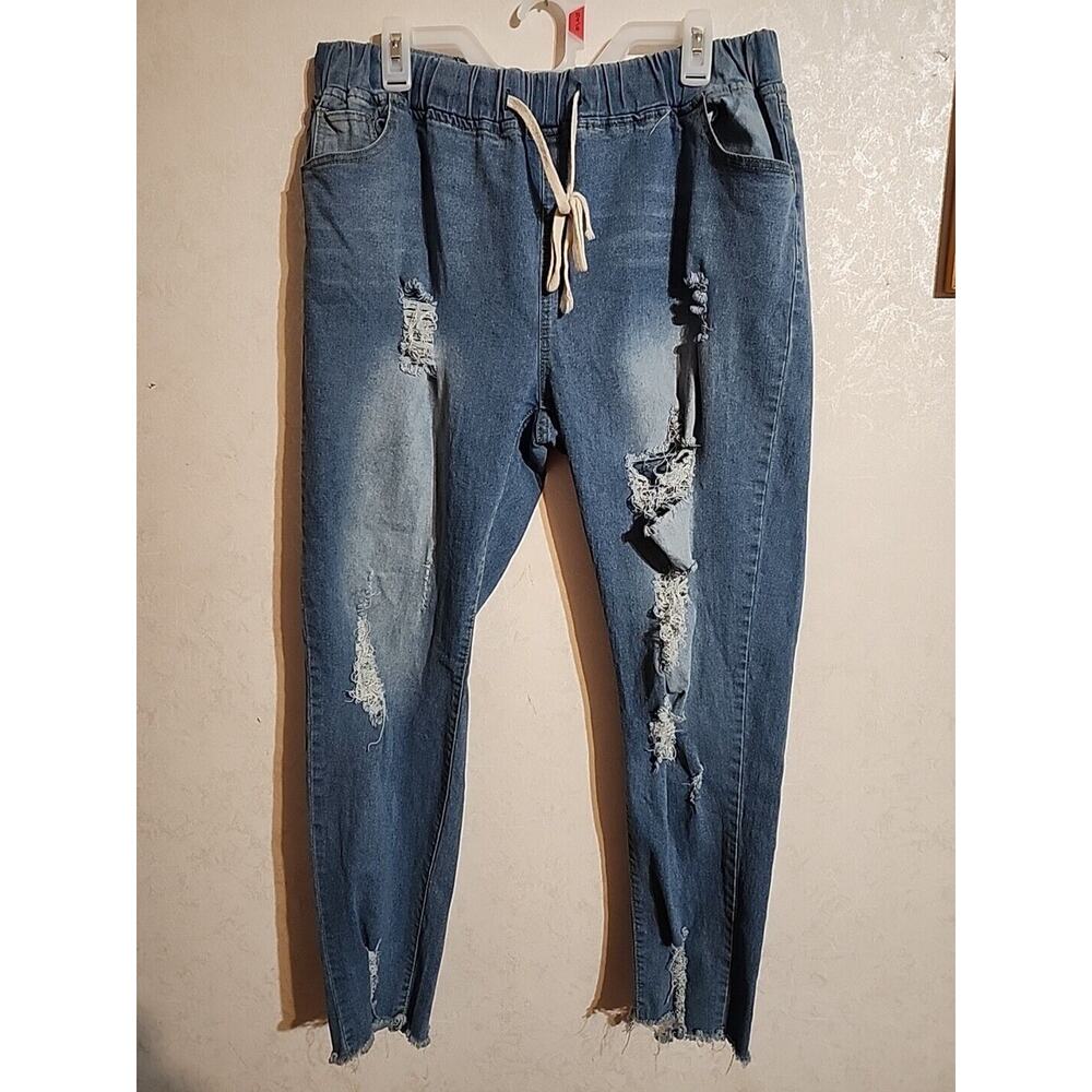 Womens Jeans Denim 34" Elastic Drawstring Waist Pull On Distressed Tapered